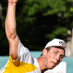Right-handed pitcher, Kyle Dixon, releases the pitch (versus West Coast Kings, Sunday, June 4th).