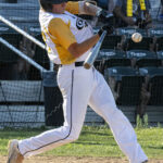 Batter, Brett Dingess, swinging at the pitch (versus Fairfield Indians, Sunday, July 2nd, 2023).