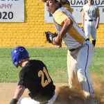 Shortstop Joel Calderin throwing to first base to complete the double-play as the runner slides into second (versus West Coast Kings on 2024-06-09 courtesy of Bill Wagner).