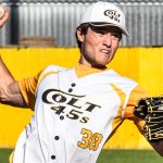 Right-handed pitcher Drew Perigo delivering the pitch (versus West Coast Kings on 2024-06-09 courtesy of Bill Wagner).