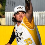 Right-handed pitcher Cody Wrathall delivering a curveball (versus West Coast Kings on 2024-06-09 courtesy of Bill Wagner).