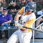 Left-handed batter Kyle Norton swinging at the pitch (versus West Coast Kings on 2024-06-09 courtesy of Bill Wagner).