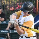 Left-handed batter McGuire Smith swings at the pitch (versus West Coast Kings on 2024-06-09 courtesy of Bill Wagner).