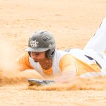 Base runner Joel Calderin dives into third base (versus TKB Baseball on 2024-06-02 courtesy of Bill Wagner).