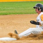 Base runner Griffith Fenn slides into third base (versus TKB Baseball on 2024-06-02 courtesy of Bill Wagner).