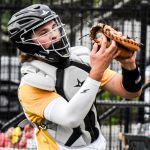 Catcher Alex Jones squeezes the pop-fly foul ball for an out (versus TKB Baseball on 2024-06-02 courtesy of Bill Wagner).