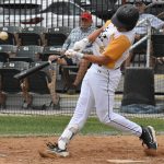 Hitter Dusty Vela drives the ball (versus TKB Baseball on 2024-06-02 courtesy of Bill Wagner).