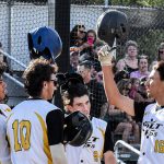 Batter Joel Calderin celebrates a three-run home run at home plate with his baserunners and the on-deck batter (versus the Fairfield Indians on 2024-06-16 courtesy of Bill Wagner).