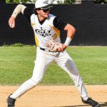 Third baseman Sutter Moss fields a ground ball and throws to first base (versus the Fairfield Indians on 2024-06-16 courtesy of Bill Wagner).