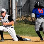 First baseman McGuire Smith receives the throw to finish the putout (versus the Fairfield Indians on 2024-06-16 courtesy of Bill Wagner).