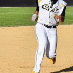 Base runner Noah Betanco runs into third base standing up (versus the Fairfield Indians on 2024-06-16 courtesy of Bill Wagner).