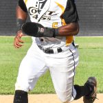 Base runner Braxton Riley hustles to third base (versus the Fairfield Indians on 2024-06-16 courtesy of Bill Wagner).