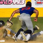 Base runner Dusty Vela slides into second base and avoids the tag (versus the Fairfield Indians on 2024-06-16 courtesy of Bill Wagner).