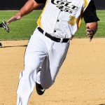 Base runner Keanu Mizuta rounds third base and heads for home (versus the Fairfield Indians on 2024-06-16 courtesy of Bill Wagner).