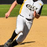 Base runner McGuire Smith rounds third base and heads for home (versus the Fairfield Indians on 2024-06-16 courtesy of Bill Wagner).