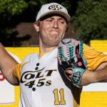 Right-handed pitcher, Ty Cooke, delivers a four-seam fastball (versus the Novato Knicks on 2024-07-04 courtesy of Bill Wagner).