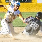 Shortstop Joel Calderin tags a sliding baserunner at second base to get the out (versus the Novato Knicks on 2024-07-04 courtesy of Bill Wagner).