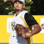 Right-handed pitcher, Eric Winchester, delivers and off-speed pitch (versus the Novato Knicks on 2024-07-04 courtesy of Bill Wagner).