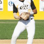 Shortstop Sutter Moss fields the ball and prepares to throw to first-base (versus the Novato Knicks on 2024-07-04 courtesy of Bill Wagner).