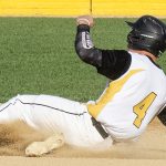 Baserunner Dusty Vela slides into third base (versus the Novato Knicks on 2024-07-04 courtesy of Bill Wagner).